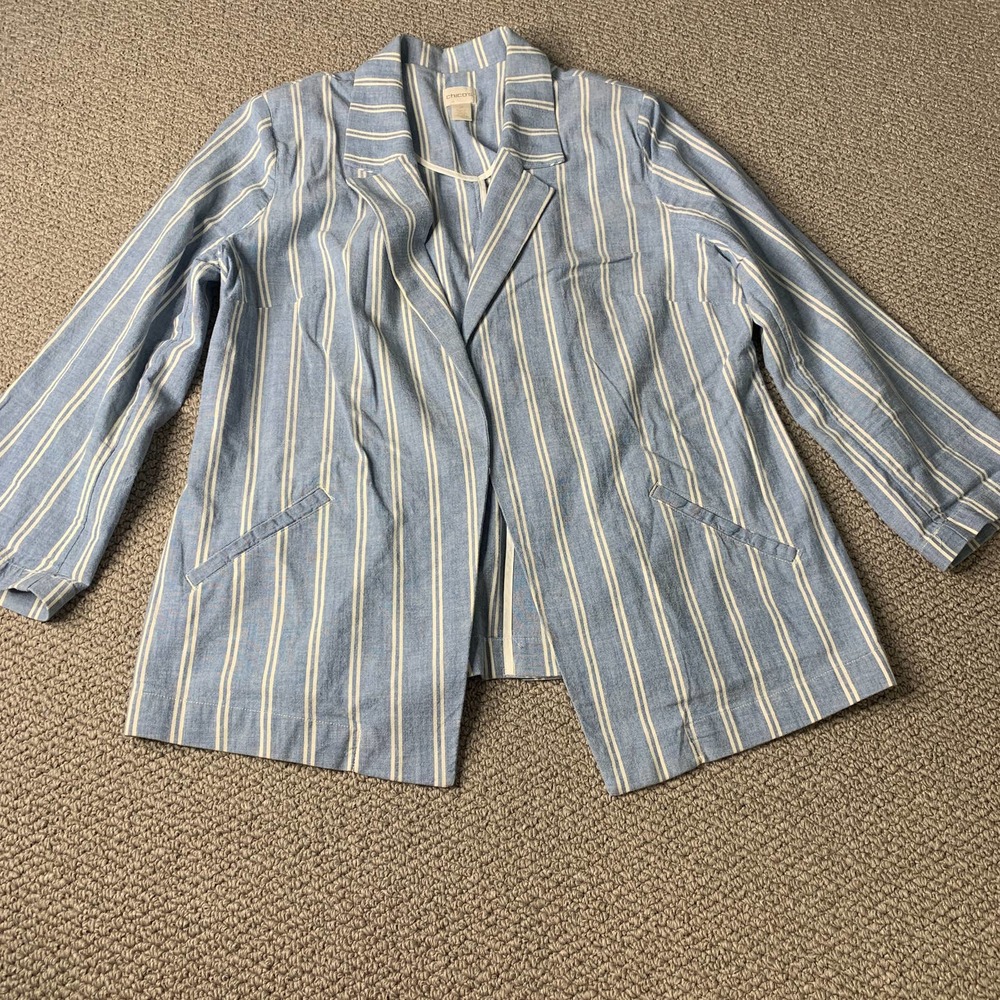 Chico's Womens Blazer Jacket Size 2 Blue/White Striped Open Front Pockets